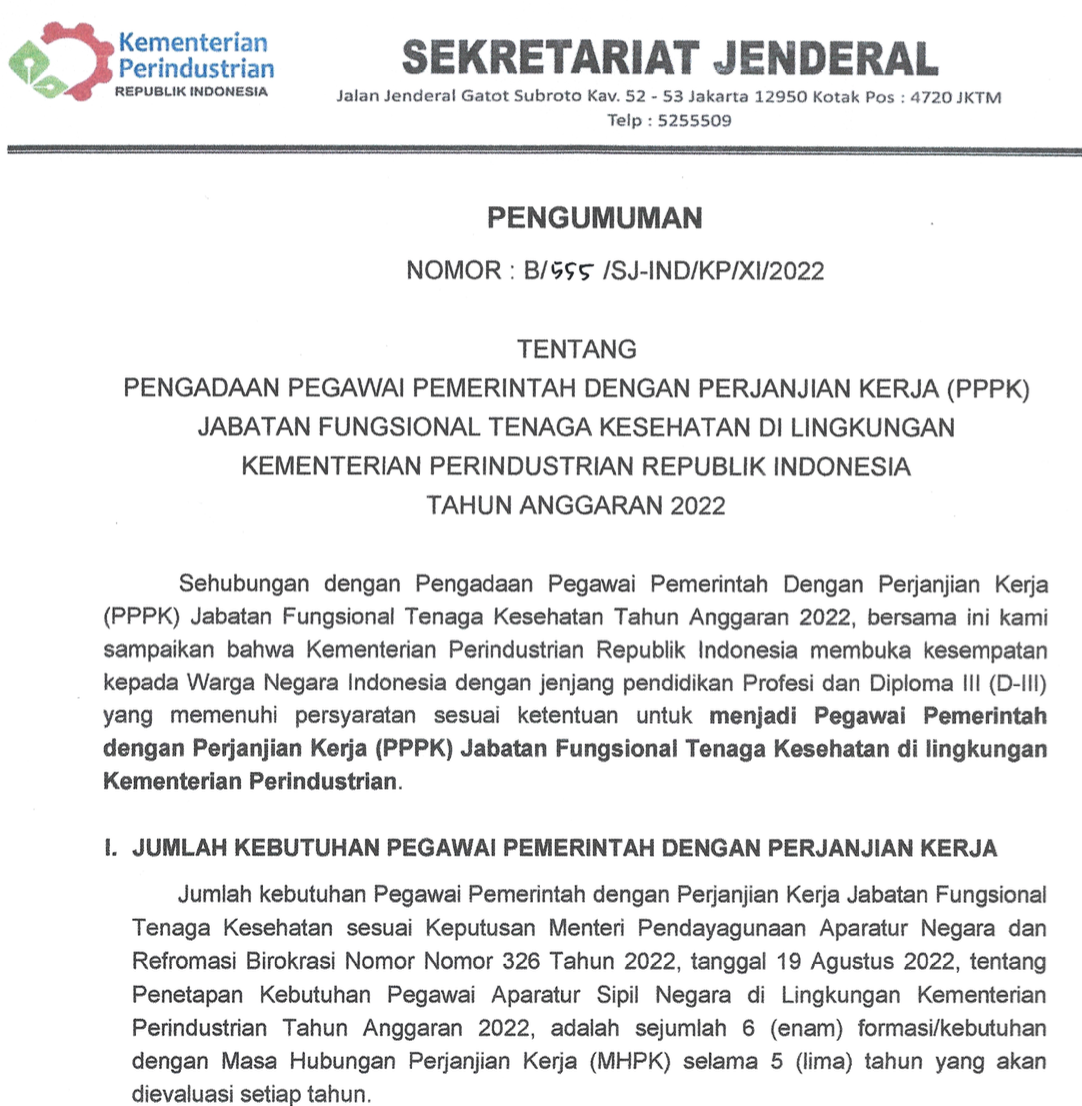 Formasi Resmi PPPK 2022 Kementerian Perindustrian